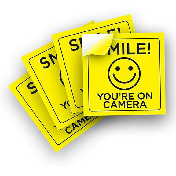 Smile You're on Camera Sticker, 6x 6 Inch, 4 Pack, Durable, Black and Yellow, Self-Adhesive