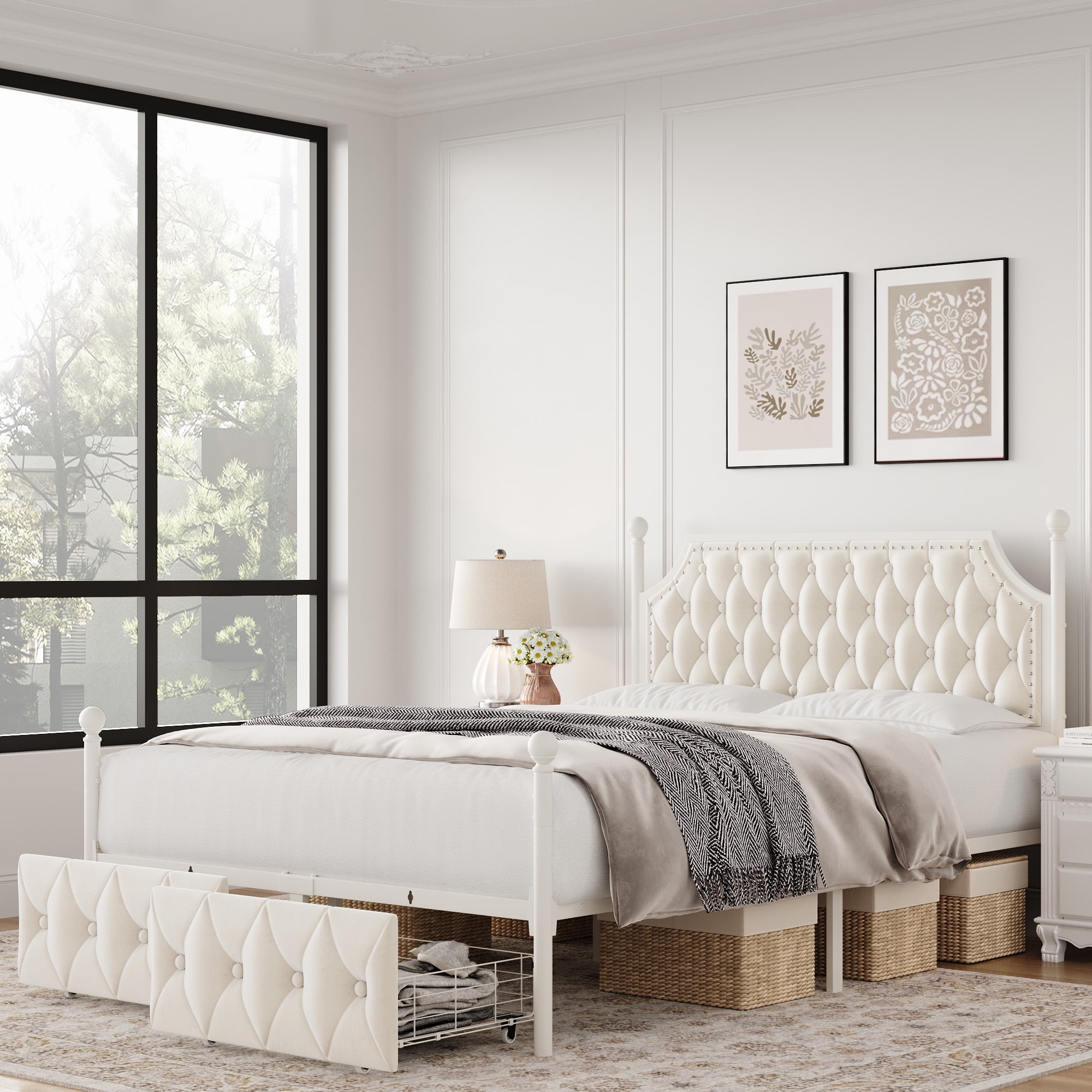 Homfa Queen Size Canopy Bed Frame, 2 Storage Drawers Metal Platform Bed with Button Tufted Upholstered Headboard, Canopy Bed Curtain Not Included, Homfa Queen Size Canopy Bed Frame, 2 Storage Drawers Metal Platform Bed with Button Tufted Upholstered Headboard, Canopy Bed Curtain Not Included,