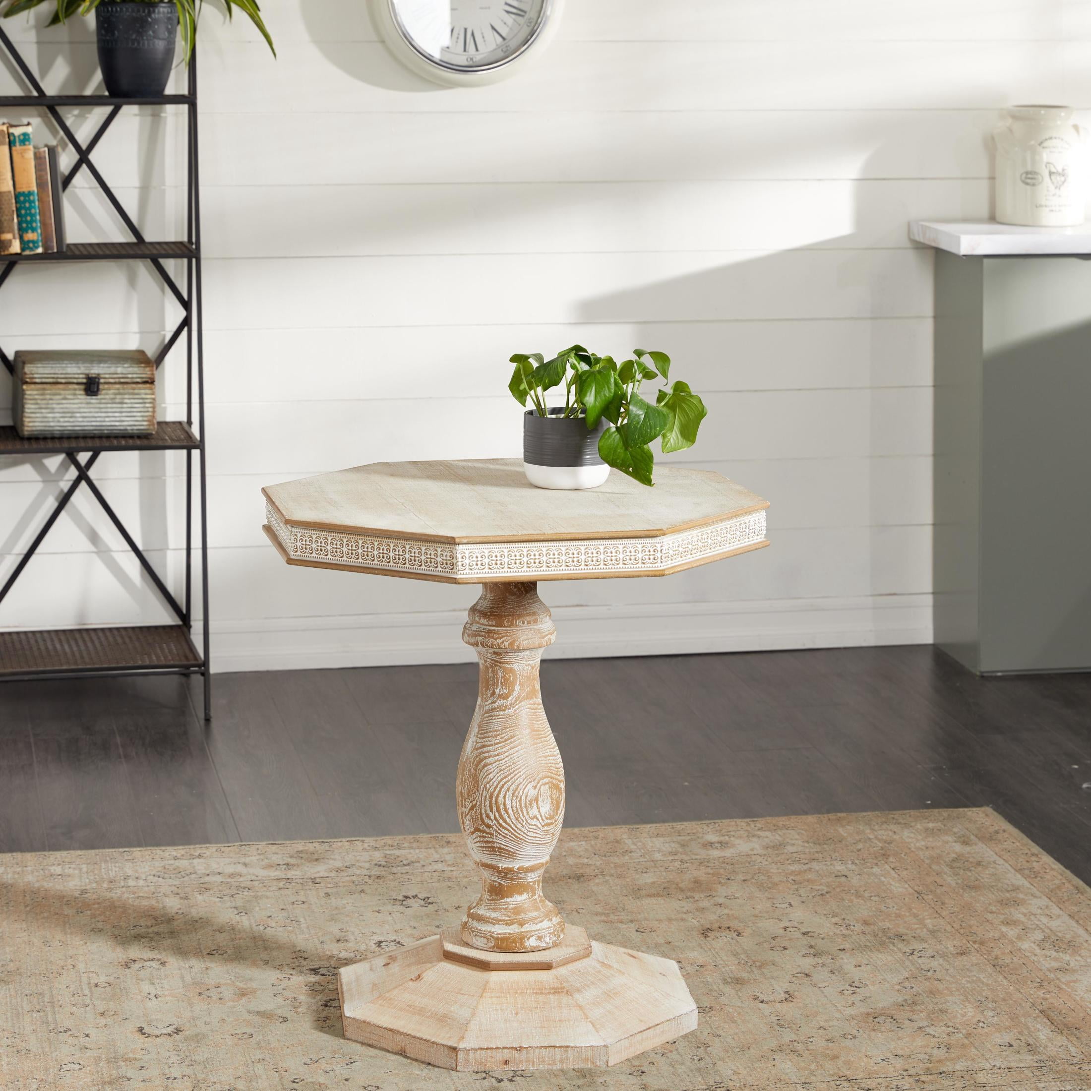 DecMode 28" x 30" Brown Wood Handmade Intricately Carved Scroll Accent Table, 1-Piece