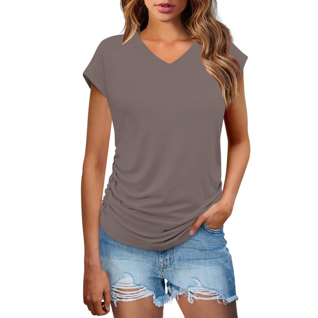 Kovlvoll Womens Summer Tops Dressy Casual Short Sleeve T Shirts V Neck Ruched Solid Color Basic Tees Tunic Top