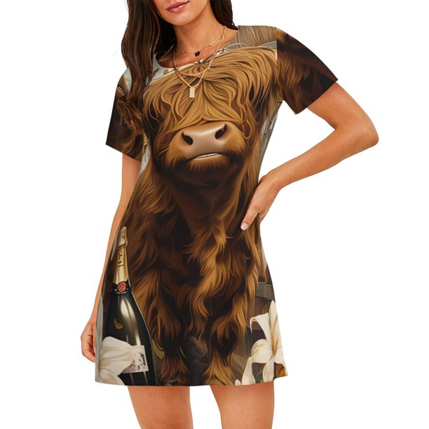 Disketp Cow With Butterflies Lilies para Camisón Corto de Manga Corta para Mujeres, Camisón Cómodo con Escote Redondo, Bonito y Confortable