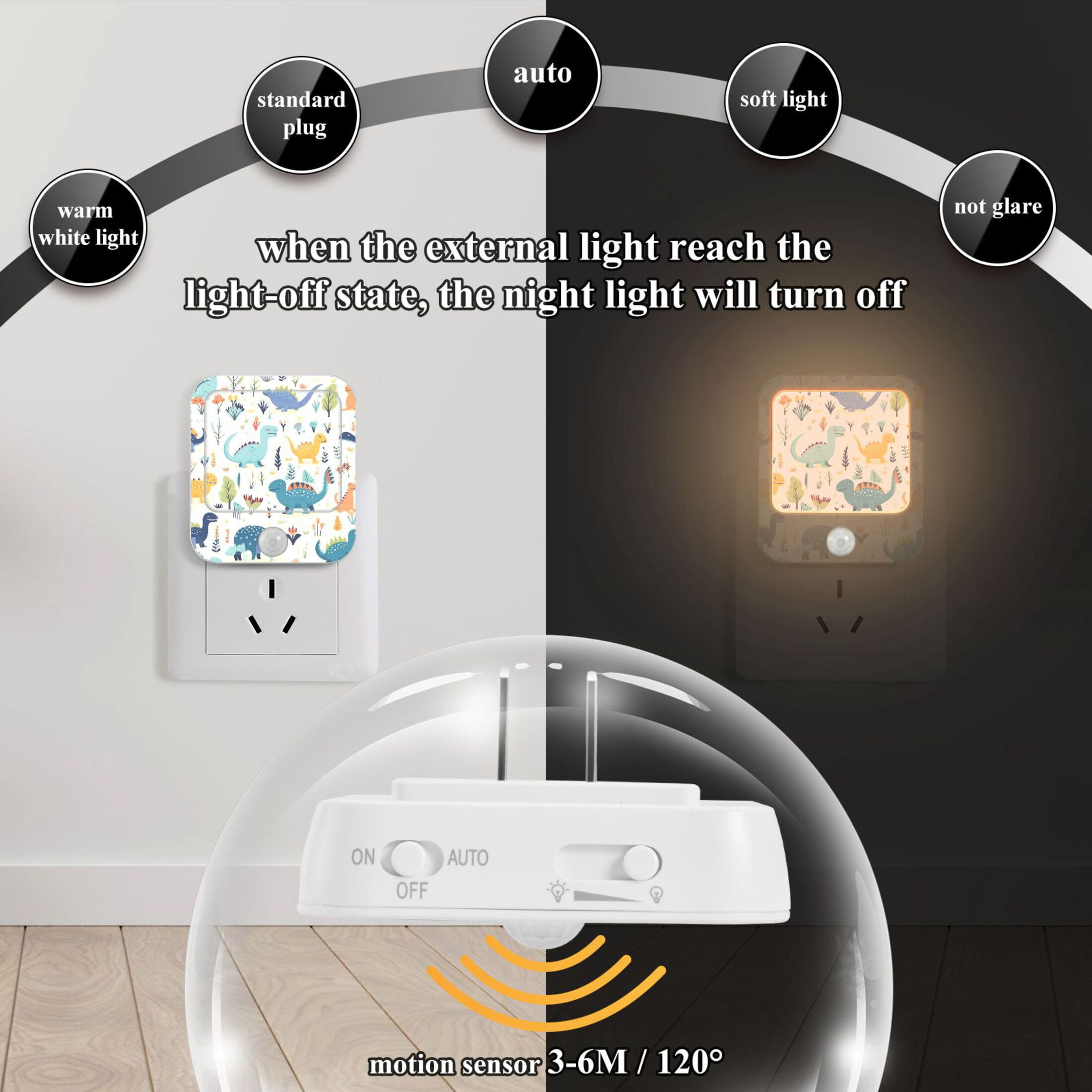 Dinosaurs Trees Leaves Flowers Night Lights Plug into Wall LED with Auto Light Sensor Warm Light for Kids Hallway Bedroom Living Room Kitchen Bathroom Set of 2