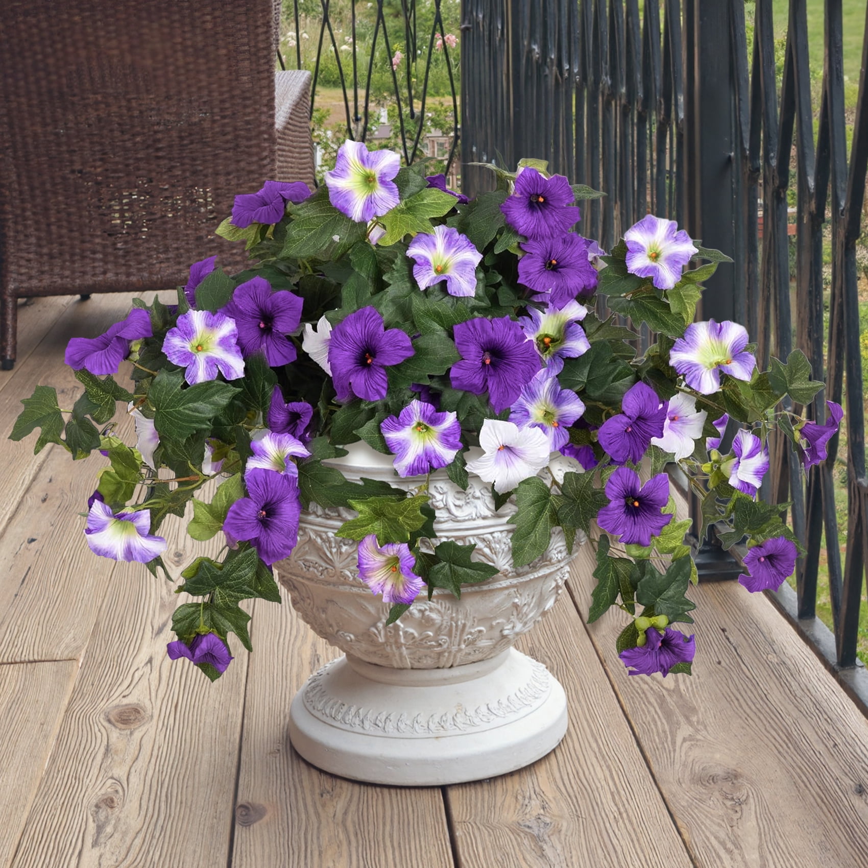 Scidweet Artificial Flowers for Outdoors, 2Pcs UV Resistant Faux Fake Petunias Silk Flower Plants for Home Garden Front Porch Indoor Decor, Purple White