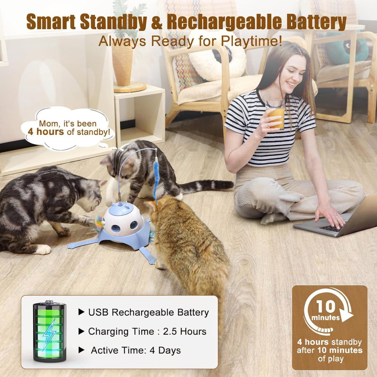 3 In 1 Fully Automatic Cat Toy Interactive Cat Toys for Indoor Cats, Motion Activate Automatic Cat Toys, Hunting Chase Hide and Seek Game, Plush Rat Tail & Whack A Mole & Rotating Feather Wand