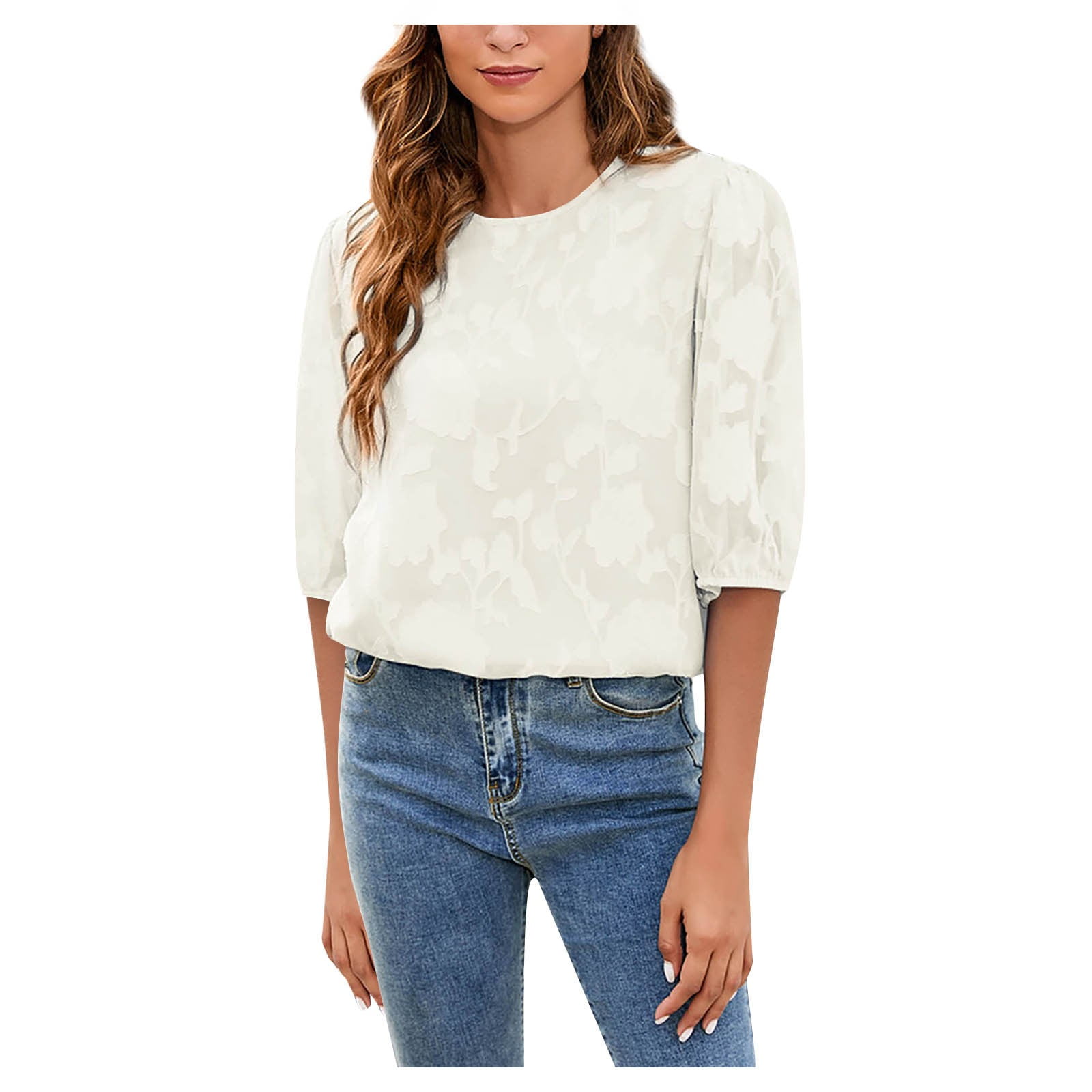 Womens Puff Sleeve T Shirts 3/4 Sleeve Crew Neck Lace Casual Fit Summer Tees Tops - Walmart.com