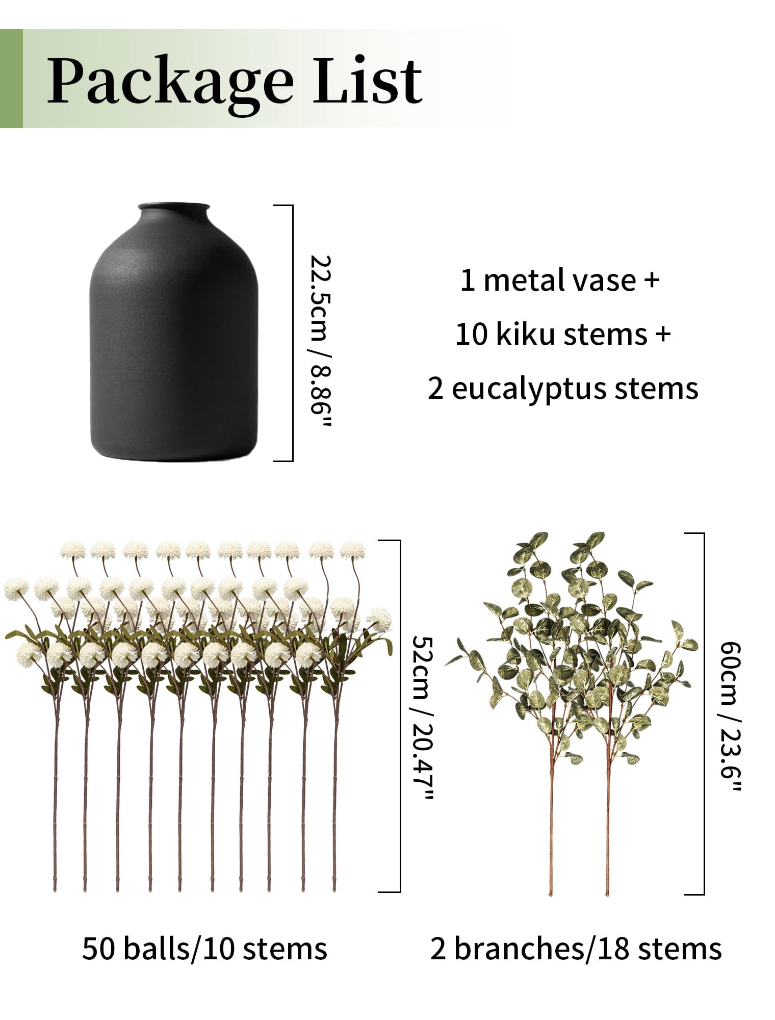 Nuptio Fake Flowers in Vase for Centerpieces: Metal Vase with 12 Stems of Artificial Mums Kiku Flowers Eucalyptuses Home Table Decor - White Faux Pom Poms Floral Arrangements for Living Room