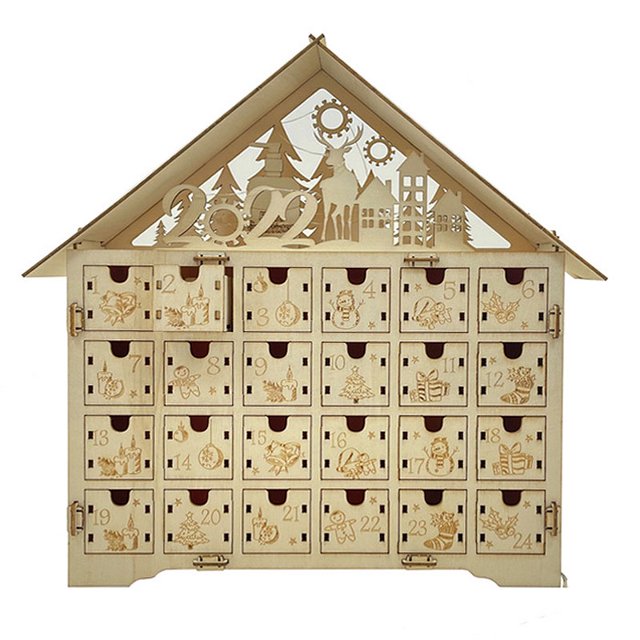 Calendario de Adviento de madera navideño con luz LED, 24 cajones de almacenamiento, calendario de cuenta atrás navideña para decoración navideña Rojo Verde RV011031-01400SDJ
