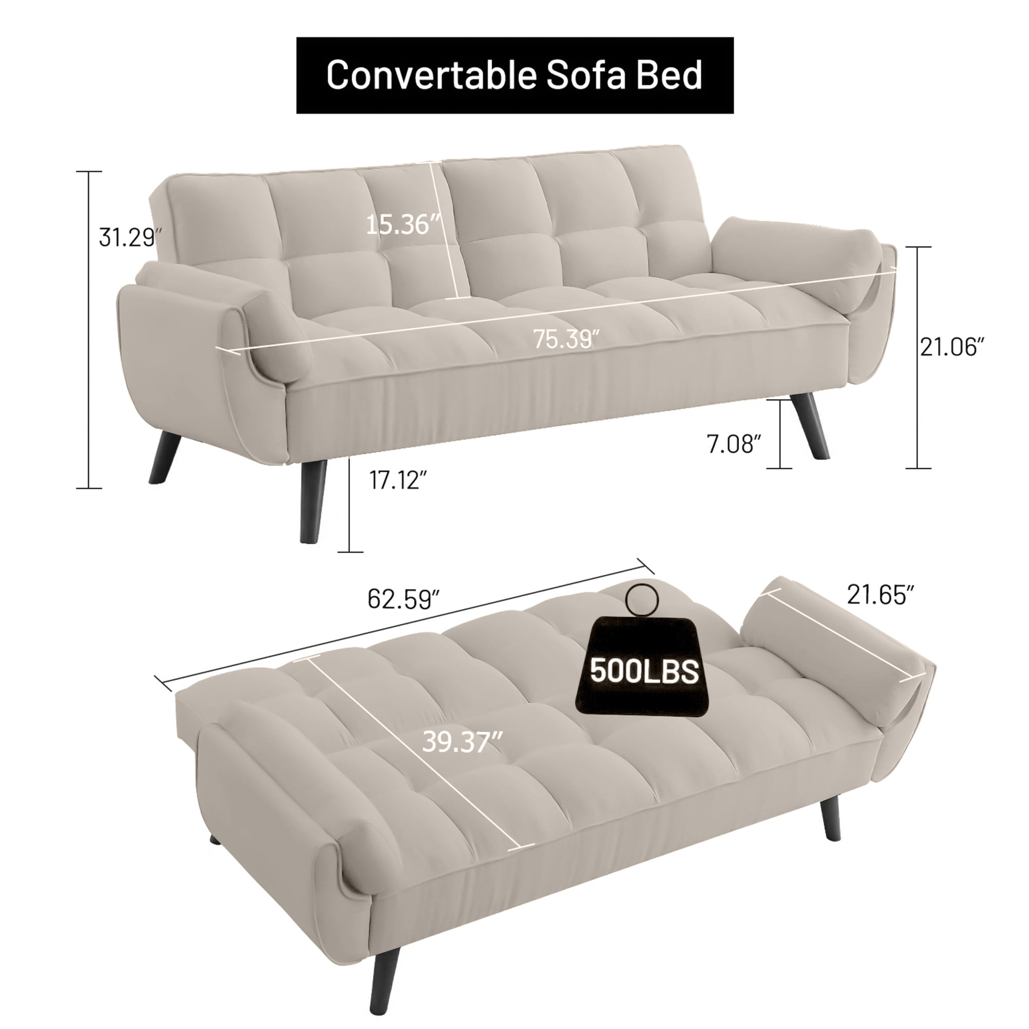 Aukfa 75" Flared Arm Futon Convertible Sofa Bed, Curved Sleeper Sofa for Home Office, Beige