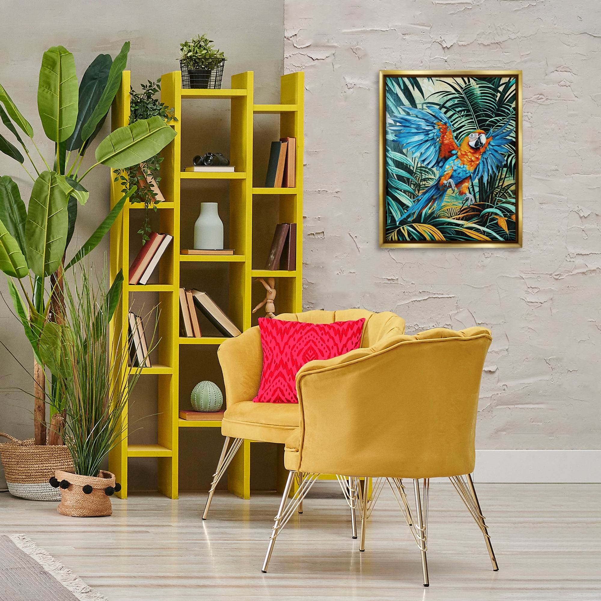 Stupell Industries Macaw in Flight Animals Painting Gold Floater Framed Canvas Art Print Wall Art, 17 x 21