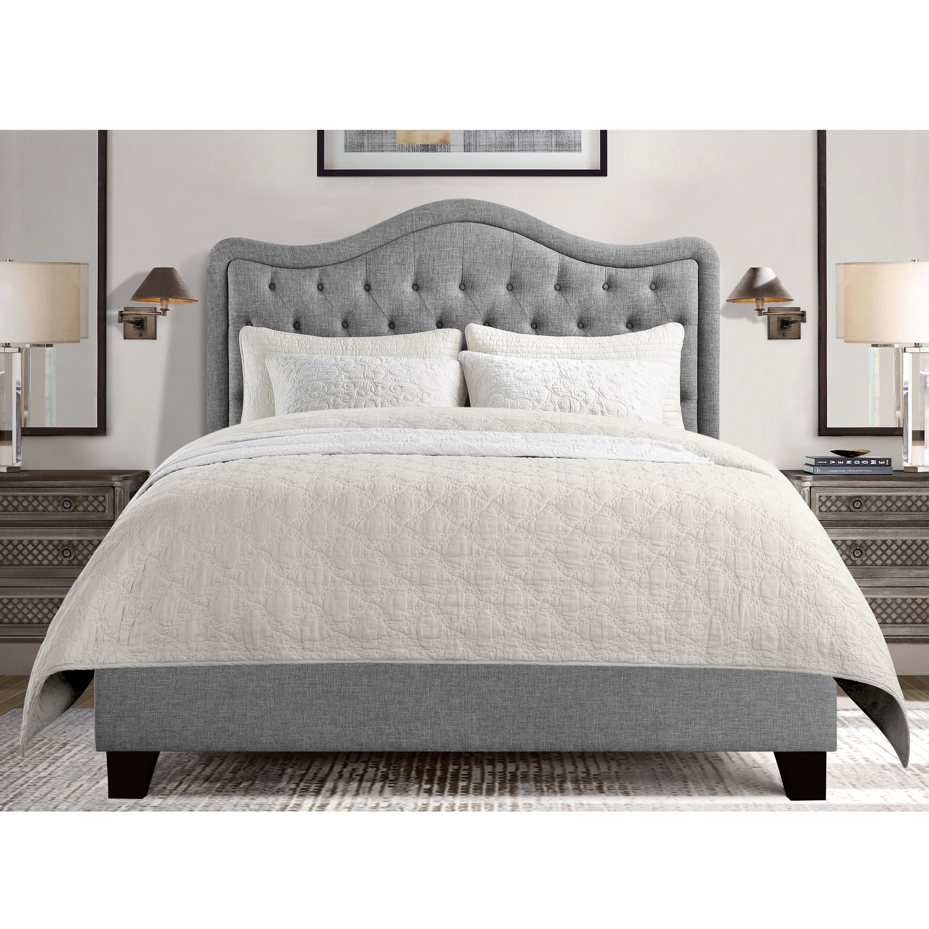 BSHTI Livingroom Modern King Size Platform Bed Frame with Upholstered Headboard and wood slats support for Livingroom, Box Spring Required