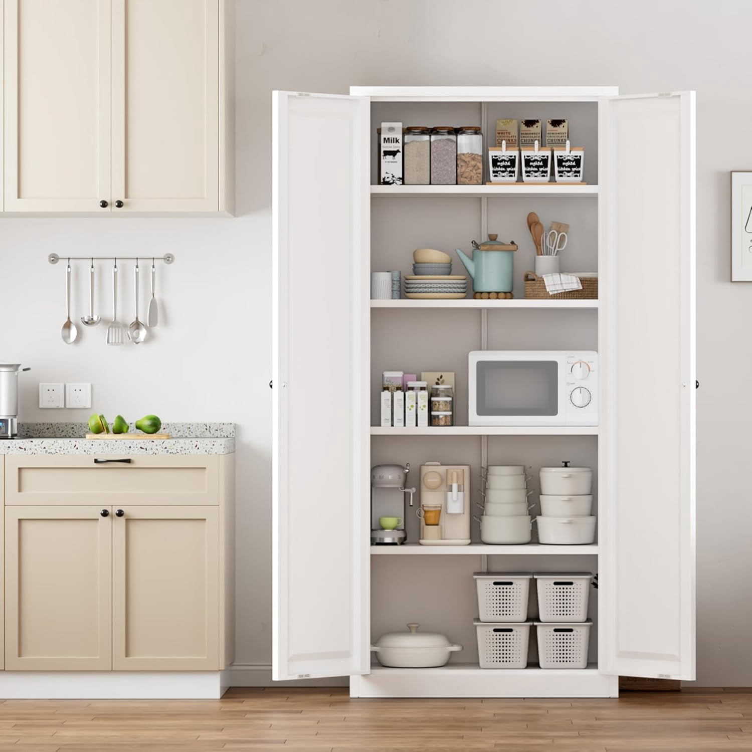SOLAURA 63" H Modern Metal Kitchen Pantry Cabinet, Pantry Storage Cabinets with 4 Adjustable Shelves for Kitchen, Living Room, Bedroom, Dining Room, Home(White)
