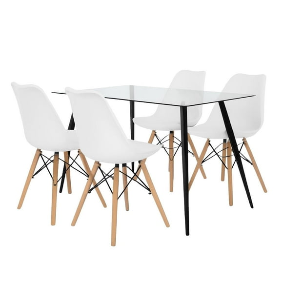 Set de Comedor Mesa Transparente con vidrio + 4 Sillas Eames blanco
