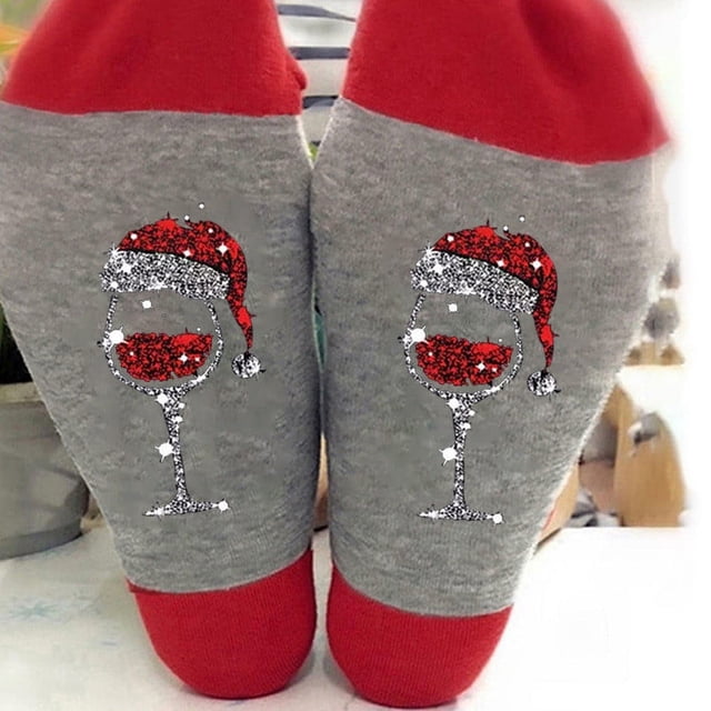 Jsaierl Chaussettes de Noël pour Femmes, Chaussettes de Mode avec Verre de Vin Rouge Graphique, Chaussettes de Sport Évacuant l'Humidité, Chaussettes de Course Automne Hiver