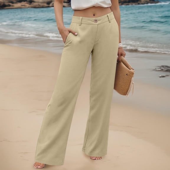 Conairie Womens Linen Pants Solid Straight Leg Elastic Waisted Casual Palazzo Pants With Button Vacation Beach Trousers Outfits With Pockets Beige L