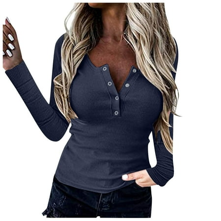 

SBYOJLPB Waist Cinchers Women s Long Sleeve V-neck Tunic Front Button Shirt Casual Blouse Blue 6(M)