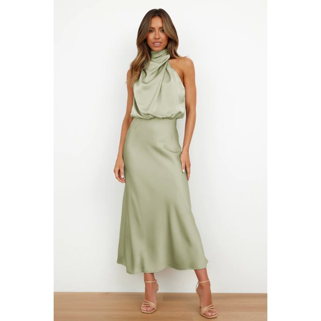 Vestido de satén para mujer con cuello elegante Vestido elegante para mujer Vestido de noche ligero