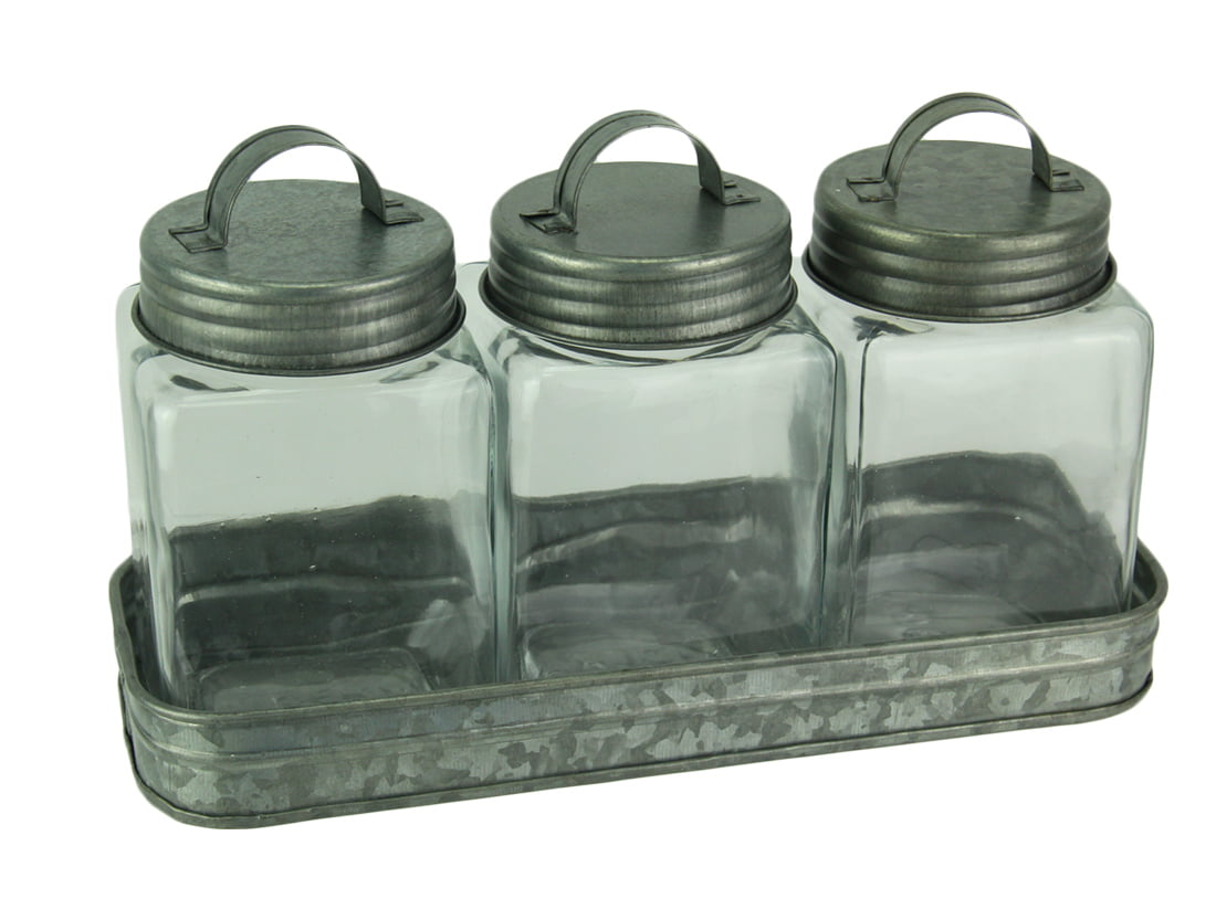 Decorative Jars with Galvanized Tray Set of 3