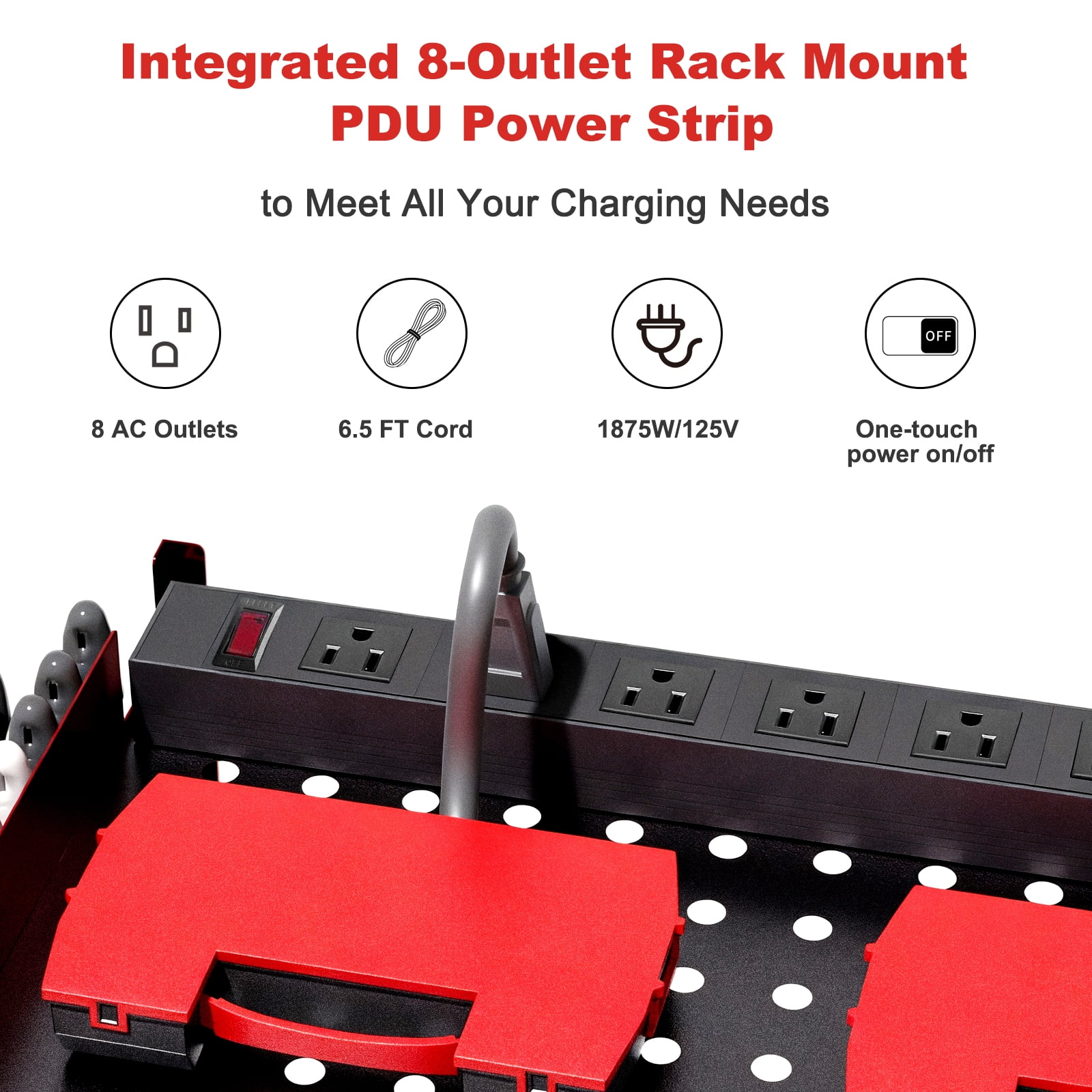 ZHANGONG Power Tool Organizer with 8-Outlet PDU,  Wall Mount 3-Layer Heavy Duty Storage, 44lbs Load Capacity, 6.5FT Extension Cord for Workshop Garage