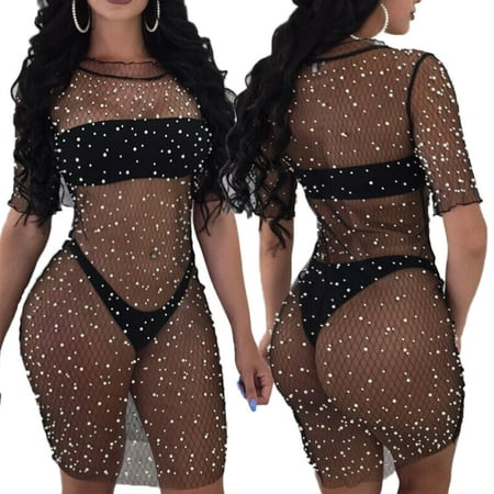 Women s Sheer Bikini Cover Up Swimwear Swim Bathing Suit Summer Beach Mini Dress