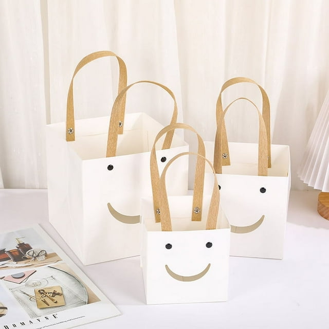 Zhuge Bolsas de embalaje para cajas de regalo, bolsas de regalo con ventana transparente, bolsas de papel kraft, bolsas de mano cuadradas (cara sonriente blanca, mediana)