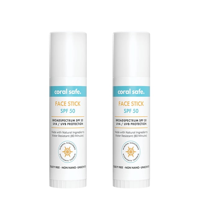 Reef Safe Protector solar SPF 50 barra facial mineral, paquete de 2, aprobado por Hawái y México, zinc biodegradable, vitamina E, sin oxibenzona ni octinoxato, resistente al agua, fabricado en EE. UU.