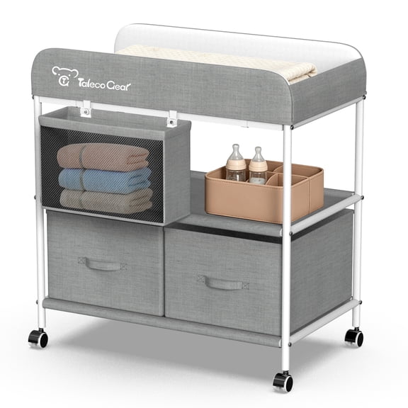 Baby Changing Table, Portable Diaper Changing Station with Wheels, Nursery Organizer for Newborn and Infant, Light Gray
