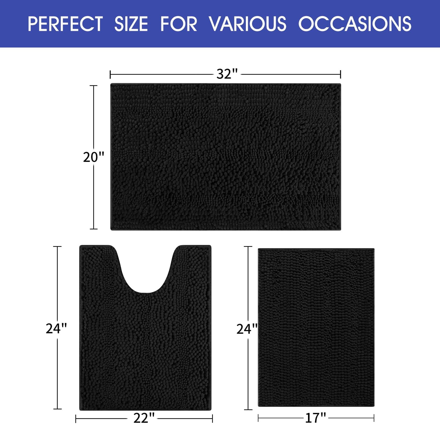 HAKUNA Striped Black Bathroom Rug Set 3 Pieces Ultra Soft, Non Slip Chenille Toilet Mat, Absorbent Plush Shaggy Bath Mats for Bathroom, Bedroom, Kitchen