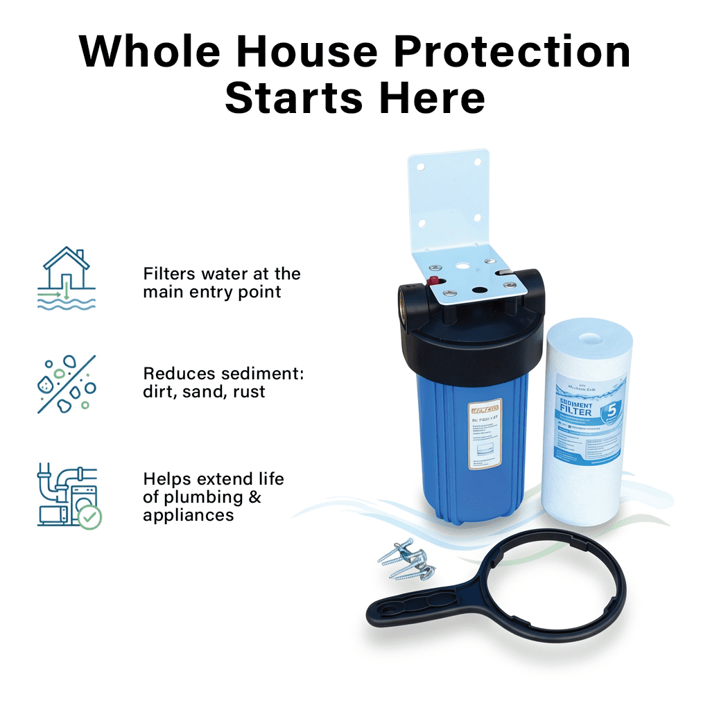 MyWaterClub Single Stage Whole House Water Filtration System – 10" x 4.5" Big Blue Housing, 1" Brass Insert Ports, Includes 5 Micron Sediment Filter, Wrench, Metal Bracket & Mounting Screws