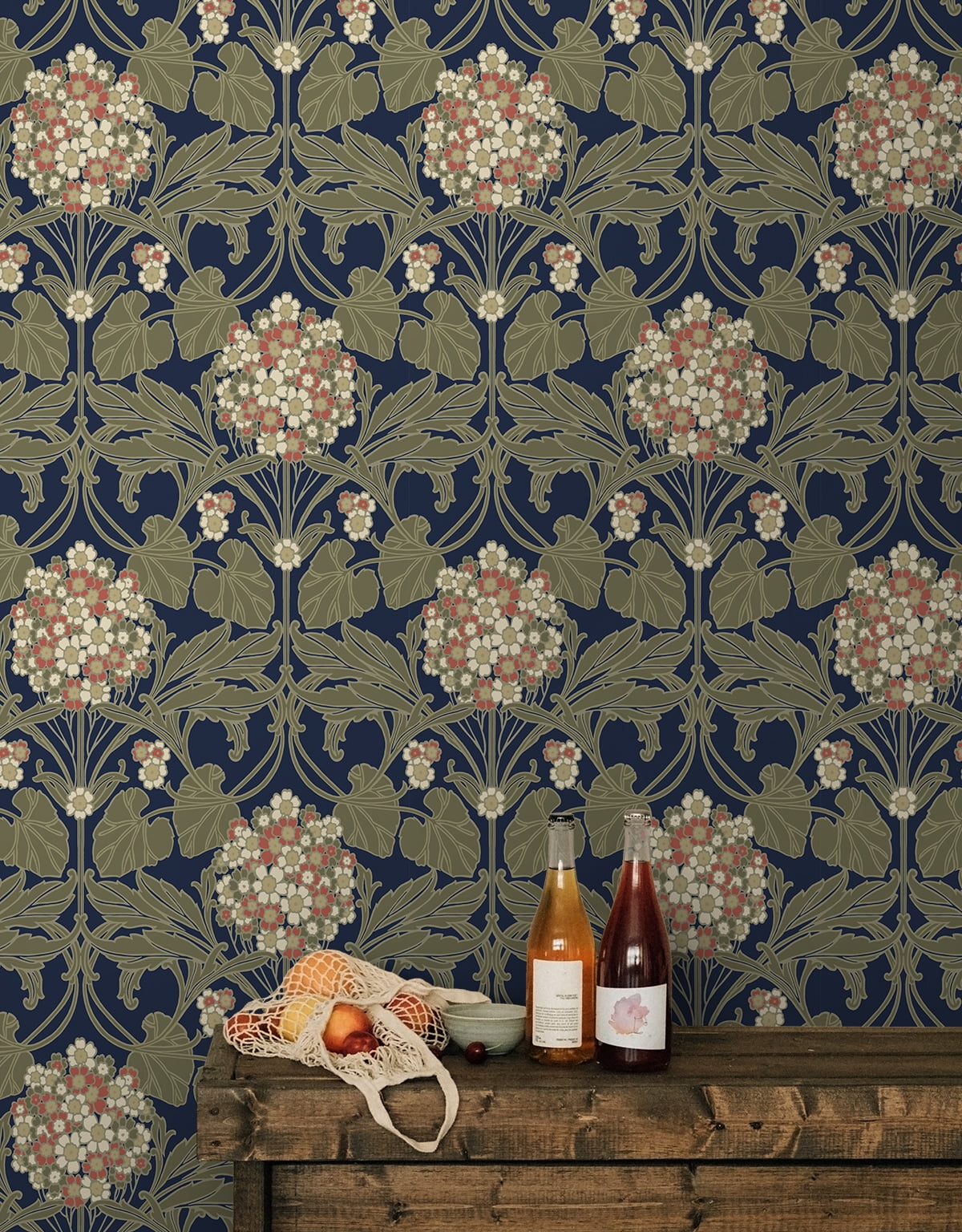 NextWall Dark Blue & Terra Cotta Hydrangea Floral Peel and Stick Wallpaper - 20.9 in. W x 18 ft. L Roll