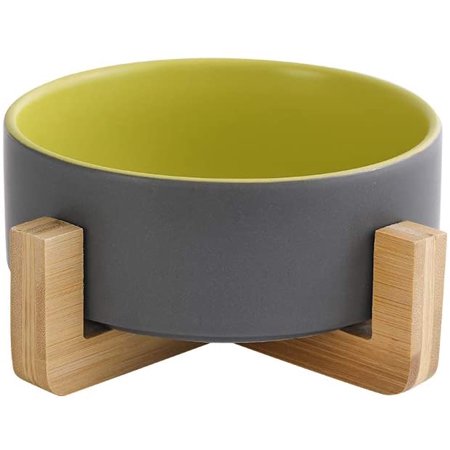 Blue Yellow Ceramic Cat Dog Bowl Dish with Wood Stand No Spill Pet Food ...