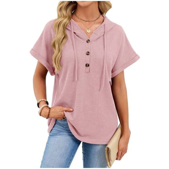 yillto Women's Short Sleeve Tops with Hoodies Drawstring Button V Neck Casual Blouses Shirts Spring Summer Outfits