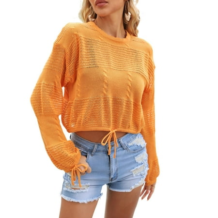 Alove Women Cover up Knitted Bikini Beach Sunblock Shirt Draw Rope Short Plus Size Smock Woman