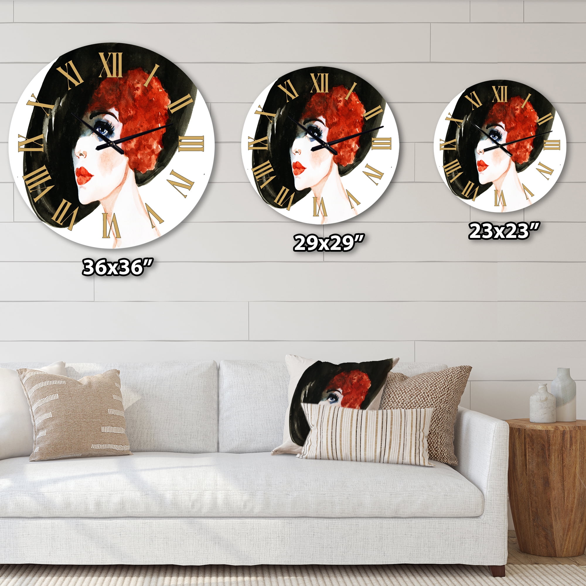 Designart 'Red Head Lady In Hat Portrait Of Woman' Modern Wall Clock
