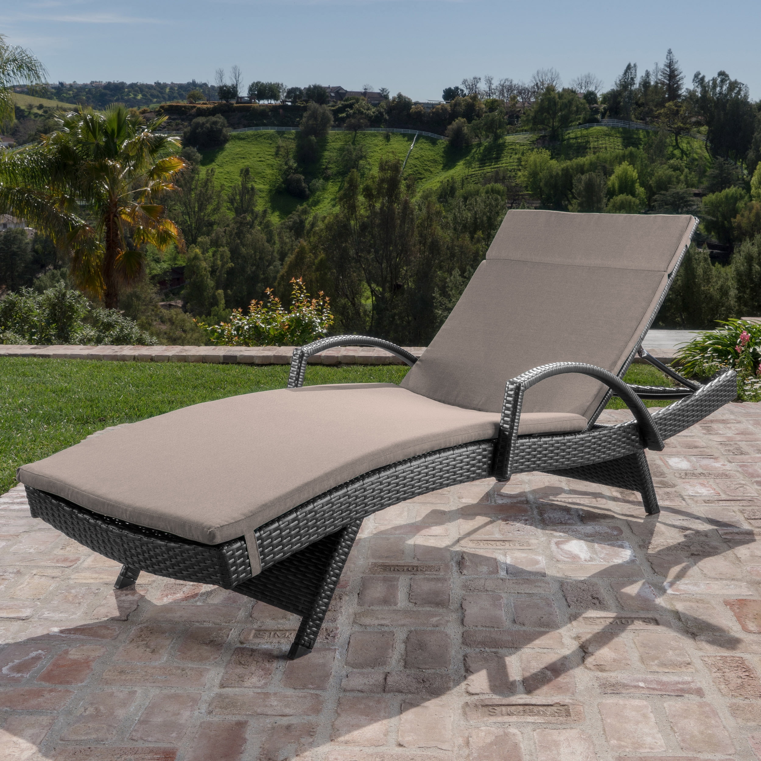 Anthony Outdoor Wicker Adjustable Chaise Lounge with Arms and Cushion, Grey, Charcoal