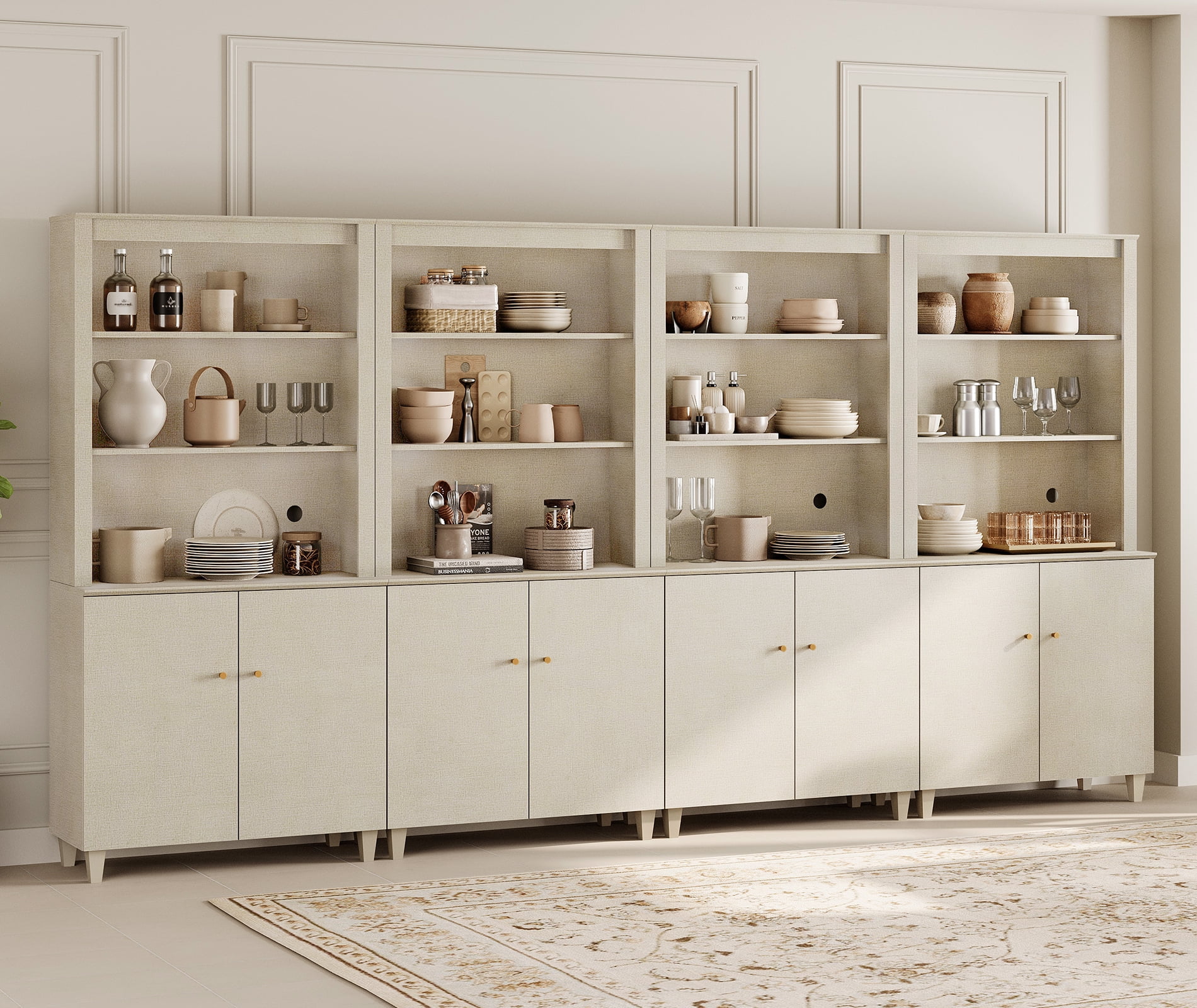 WAMPAT Modern 71" Tall Pantry Cabinet with Doors and Adjustable Shelves for Dining Room, 4-Column 5-Tier, Beige Linen Printed
