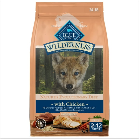 Blue Buffalo Wilderness High-Protein Dry Dog Food for Large Breed Puppies, Chicken, 24 lb bag.