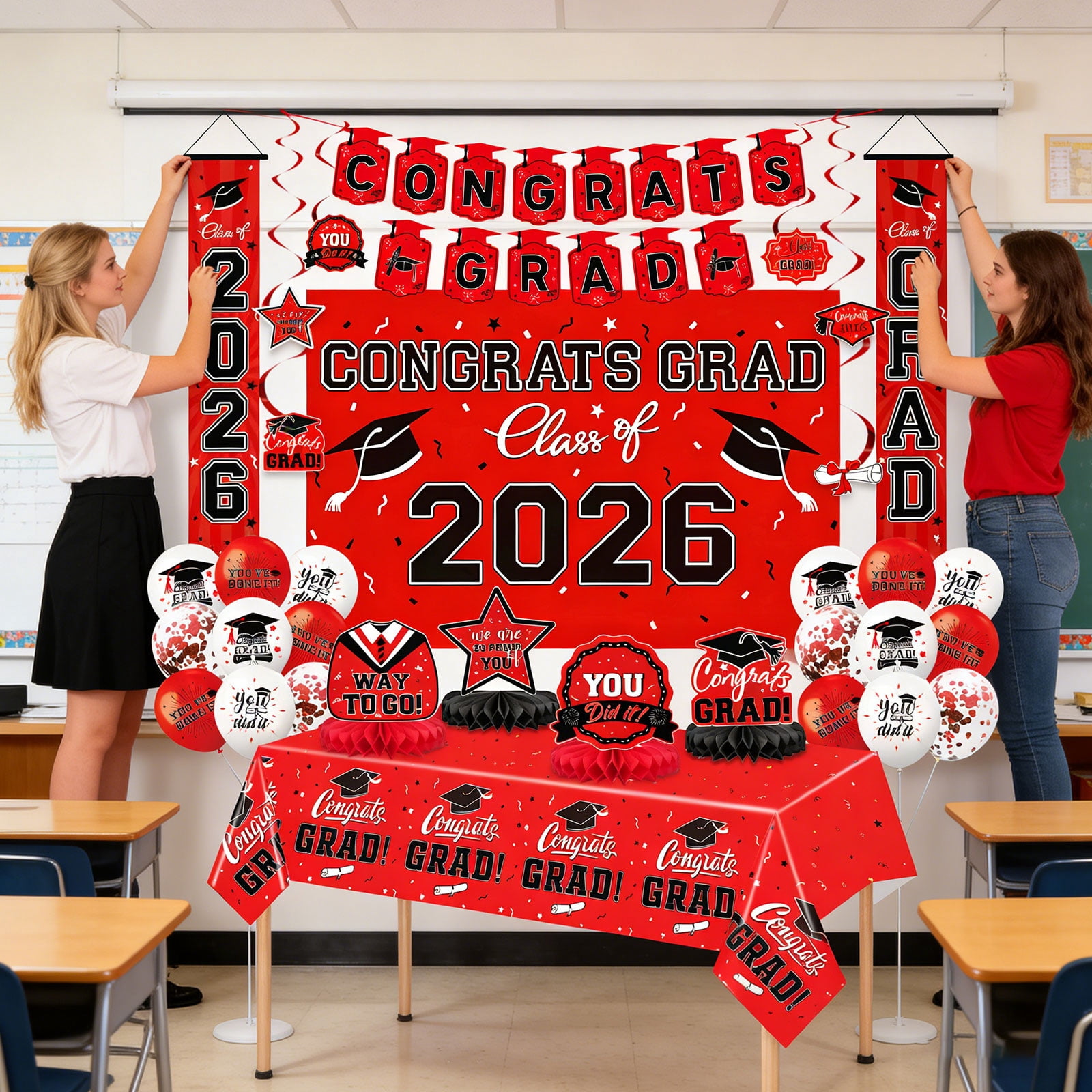 48 Pcs Class of 2026 Graduation Party Kit, Congrats Grad Banner with Backdrop, Green Gold Balloon Arch Set, Complete High School College Celebration Supplies