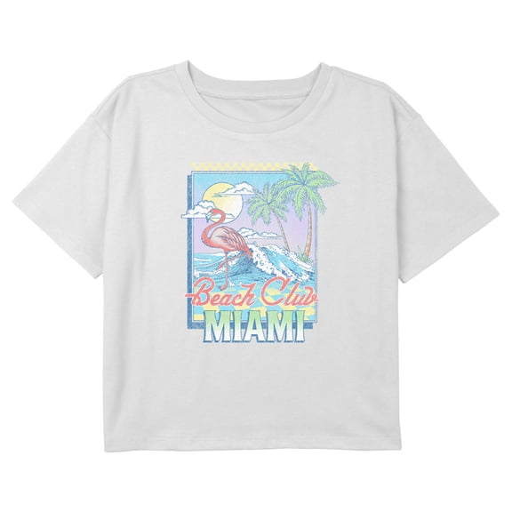 Girl's Lost Gods Beach Club Miami Flamingo Graphic Cropped T-Shirt White Medium