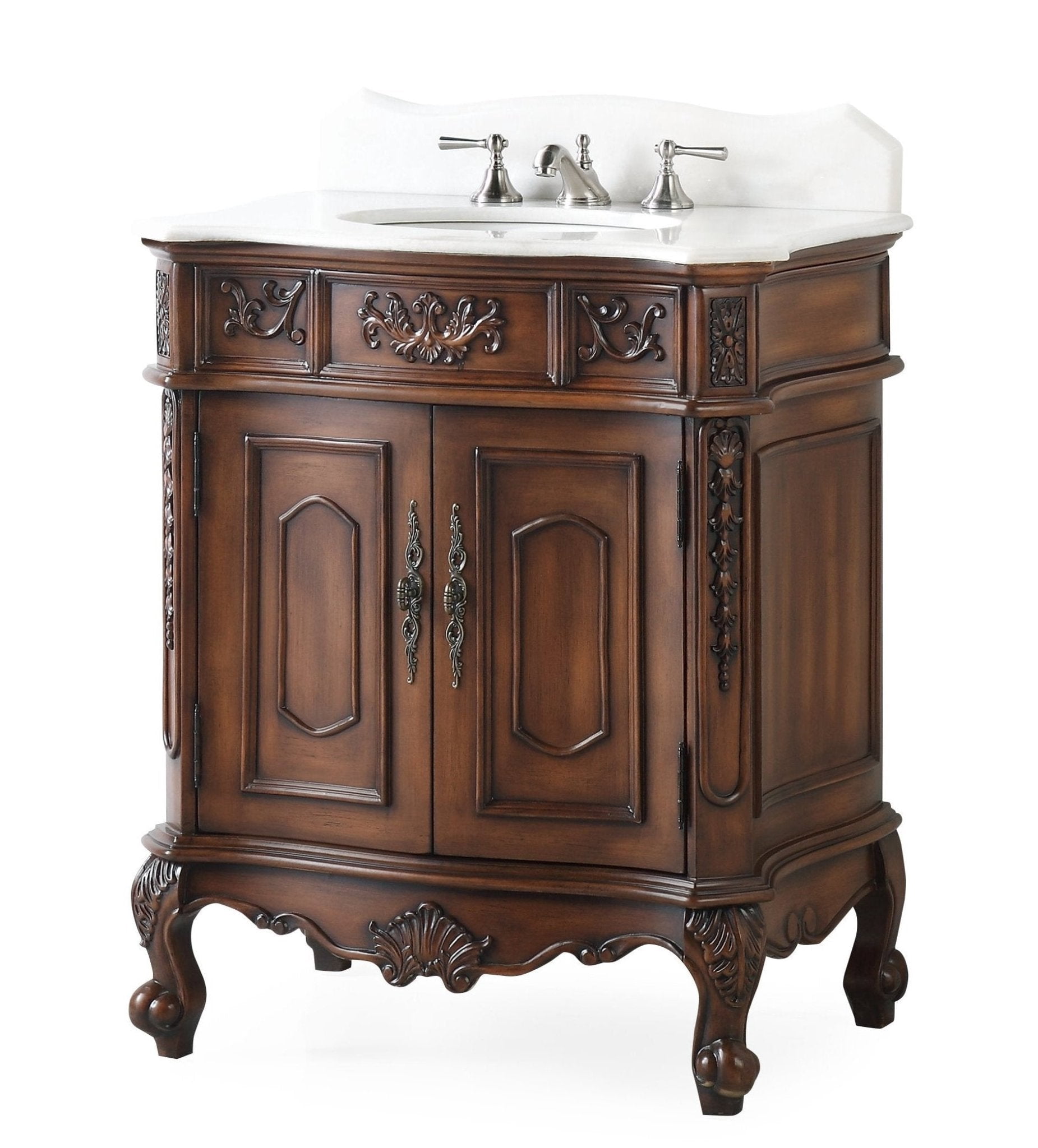 Benton Collection 30" Brown Antique Bathroom Vanity with White Marble Top