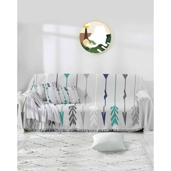 Teal Gray Arrow Sofa Covers for 3 Cushion Couch,Washable Sectional & L Shape Couch Covers for Dog/Cats,Boho Tribal Vintage Aztec Bohemian Navy Blue White Non Slip Sofa Slipcover Futon Cover 71x150