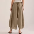 thumbnail image 4 of Women Lace Trim Wide Leg Pants Summer Casual Cropped Drawstring Elastic Waist Lightweight Trousers with Pockets, L, 4 of 6
