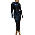 thumbnail image 2 of hirigin Women Long Dress, Long Sleeve Crew Neck PU leather Solid Slim Fit Dress for Party Cocktail, 2 of 9
