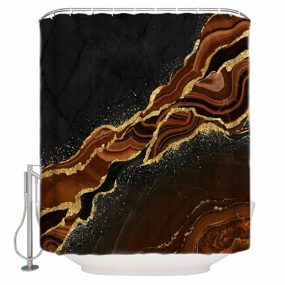 Shower Curtain Bathroom Set Brown Gold Marble Texture Waterproof Fabric Shower Curtains with Grommets&Hooks Abstract Pattern on Black Privacy Bath Curtain for Bathtub 36x72in
