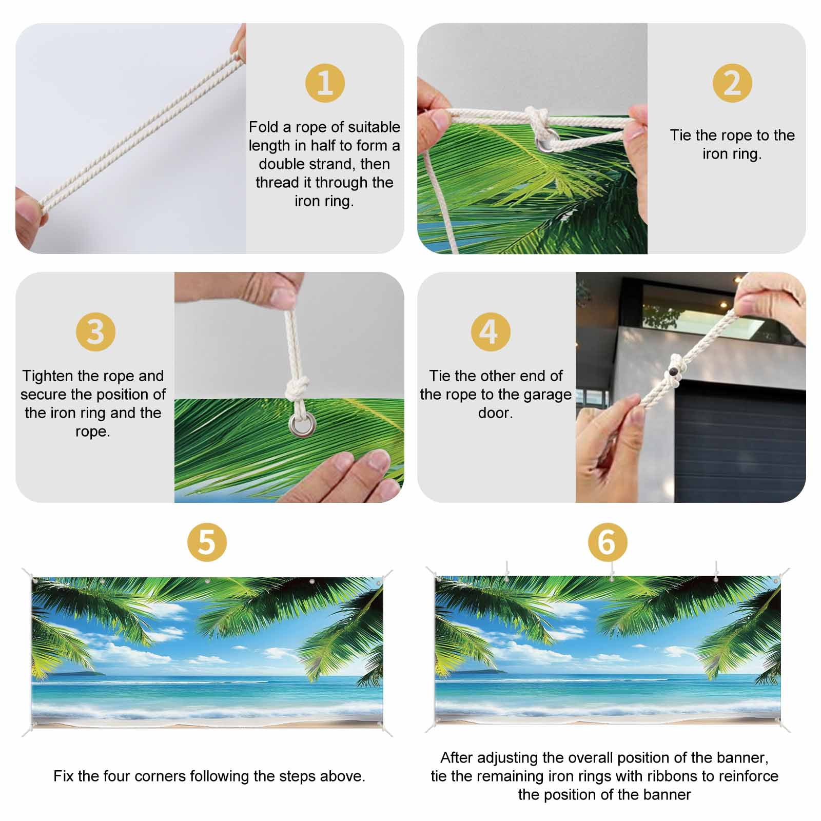 Beach Ocean Waves Garage Door Cover Banner 7 x 16 FT, Summer Tropical Palm Tree Leaves Garage Door Curtains Backdrop with Grommets for Indoor Outdoor Wall Party Porch Yard Decorations Background