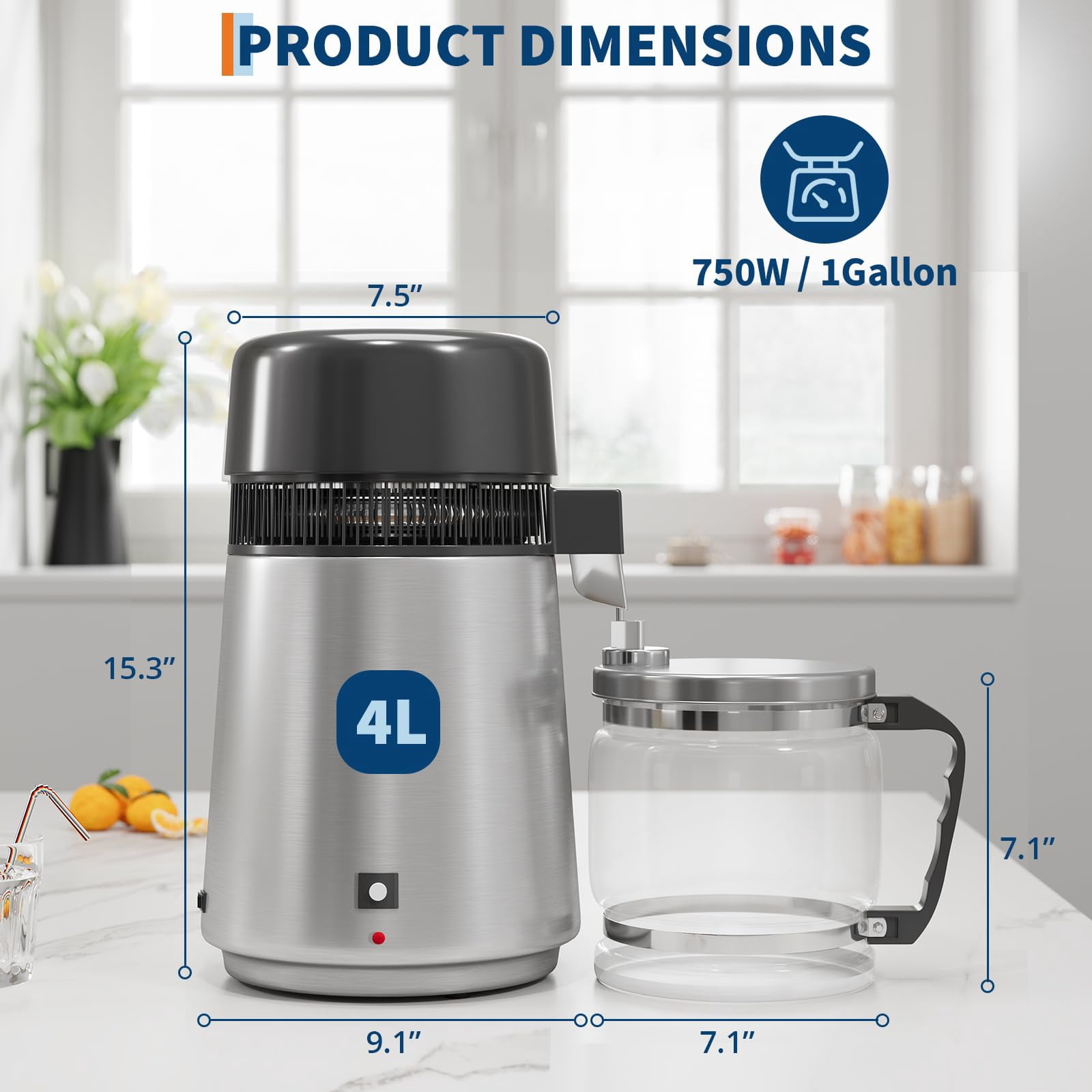 Countertop Water Distiller for Home, 1 Gallon / 4L Stainless Steel Distilled Water Make,  Electric Water Distillers Kit,750W Electric Distilling Machine for Drinking Water