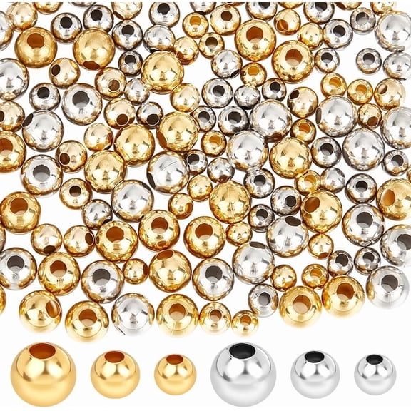 1 Box 180Pcs Stainless Steel Round Beads Gold Silver Color Loose Spacer Beads 5/6/8mm for DIY DIY Craft Bracelet Necklace Jewelry Making Supplies