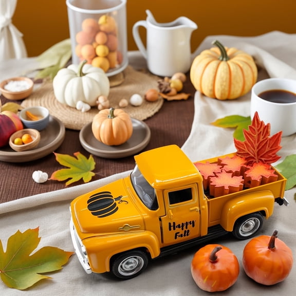 4.9-Inch Mini Fall Vintage Metal Pumpkin Truck Decor with Maple Leaves, Farmhouse Tabletop Decoration for Tiered Tray, Shelf, Mantel, Thanksgiving & Autumn Home Decor