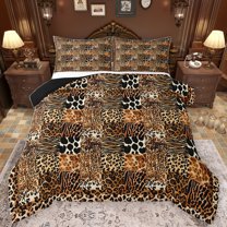 Homewish Patchwork Geometric Checkered Bedding Comforter Set,Brown Leopard Cheetah Print Twin Comforter Sets,Country Farmhouse Lodge Bedding Set For Adults,Super Cozy Room Decor Reversible,2-Piece