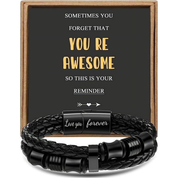Inspirational Gift for Men Layered Braided Leather Bracelet for Men You're Awesome Thank You Teacher Appreciation Birthday Gifts Him Best Friend Unique Gifts for Men Father's Day Christmas 7.5 Inches