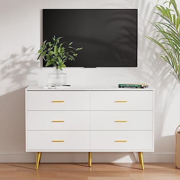 White Dresser for Bedroom, 6 Drawer Dresser with Gold Handle, Modern Chest of Drawers Organizer Storage for Hallyway, Entryway$$Home Decor, Kitchen, & Other